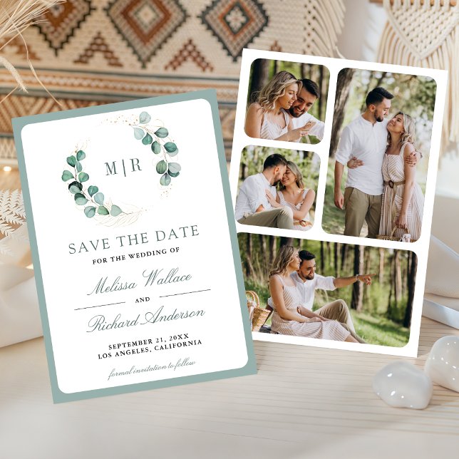Eucalyptus Monogram Photo Collage Wedding  Save The Date (Creator Uploaded)