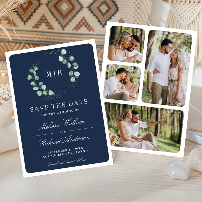 Eucalyptus Monogram Photo Navy Blue Wedding  Save The Date (Creator Uploaded)