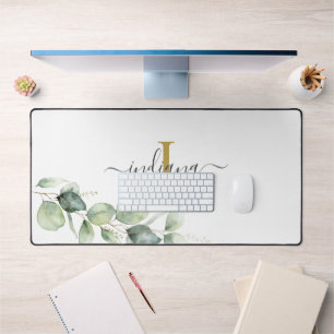 Eucalyptus Monogram Script Name Minimalist Desk Mat