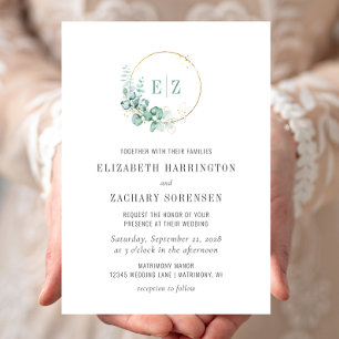 Eucalyptus Monogram Wreath Watercolor Wedding Invitation