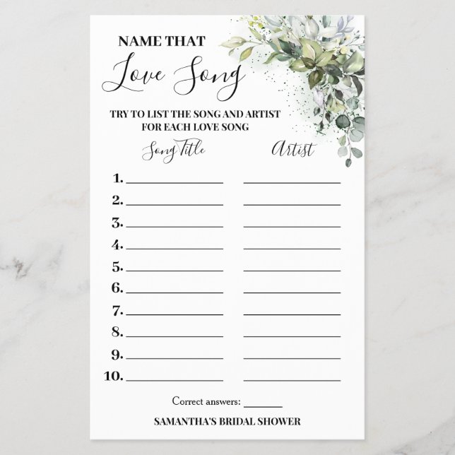 Eucalyptus Name that Love Song Shower Game Card (Front)