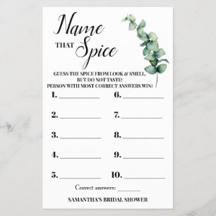 Eucalyptus Name that Spice Bridal Shower Game Card
