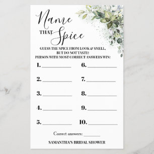 Eucalyptus Name that Spice Bridal Shower Game Card