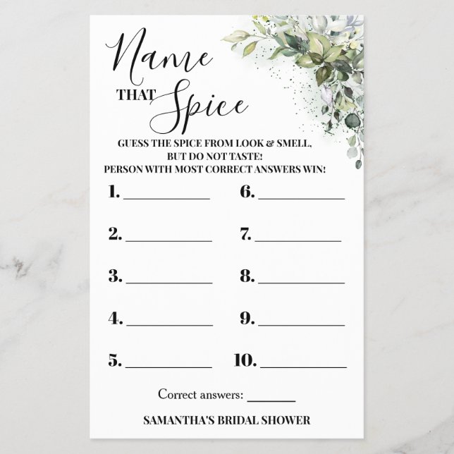 Eucalyptus Name that Spice Bridal Shower Game Card (Front)