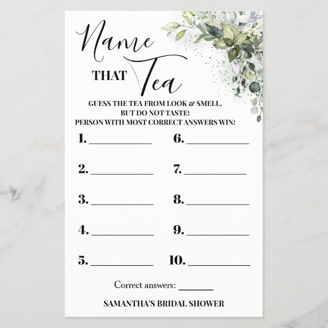 Eucalyptus Name that Tea Bridal Shower Game Card (Front)