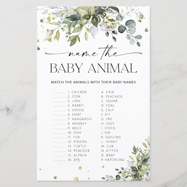 Eucalyptus Name the Baby Animal Game (Front)