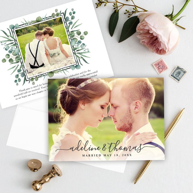 Eucalyptus Names Script Wedding Photo Thank You Card (Creator Uploaded)
