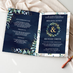 Eucalyptus Navy Blue All in One QR Code Wedding Invitation