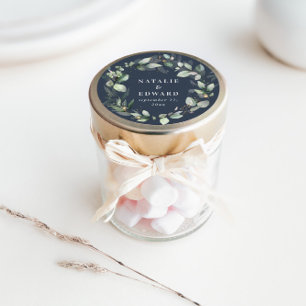 Eucalyptus navy blue botanical wedding party decor classic round sticker