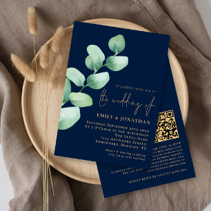Eucalyptus Navy Blue Gold QR Code Script Wedding Invitation
