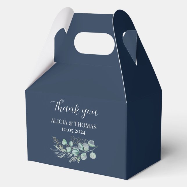 Eucalyptus Navy Blue Green Botanical Wedding  Favour Box (Front)