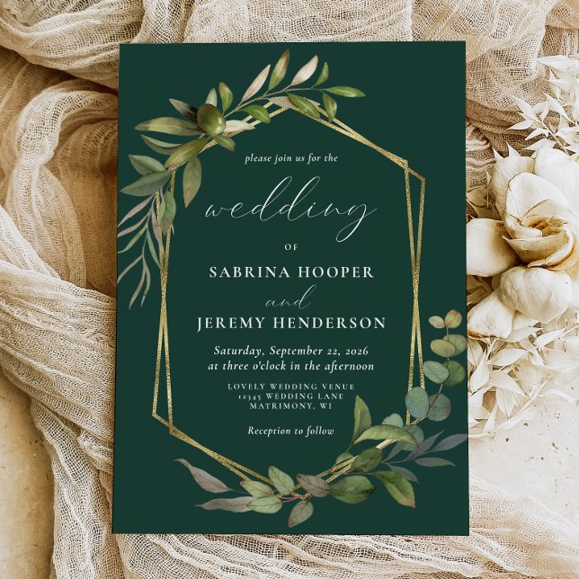 Eucalyptus Olive Greenery Gold Geo Emerald Green Invitation (Creator Uploaded)