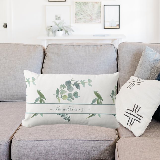 Eucalyptus olive pattern white green lumbar cushion (Creator Uploaded)