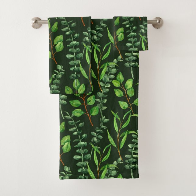 Eucalyptus  on dark green bath towel set (Insitu)