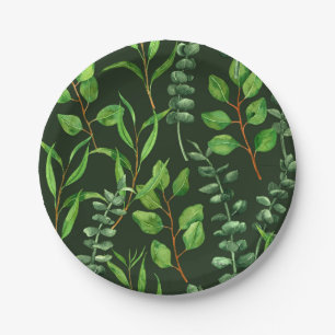 Eucalyptus on dark green paper plate
