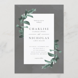 eucalyptus on grey wedding invitation