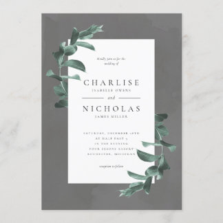 eucalyptus on grey wedding invitation