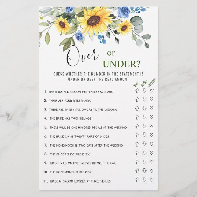 Eucalyptus Over Or Under Bridal Shower Game (Front)