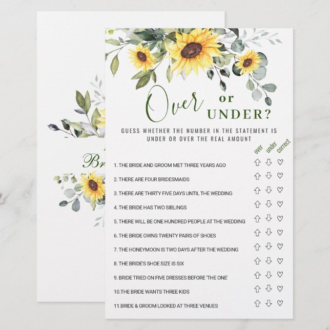 Eucalyptus Over Or Under Bridal Shower Game (Front/Back)