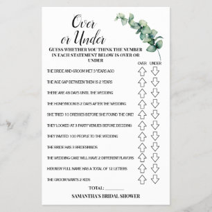 Eucalyptus Over or Under Bridal Shower Game Card