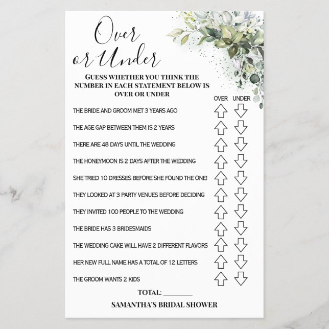 Eucalyptus Over or Under Bridal Shower Game Card (Front)