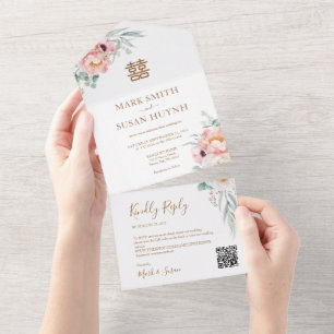 Eucalyptus Peonies Chinese Wedding All In One Invitation