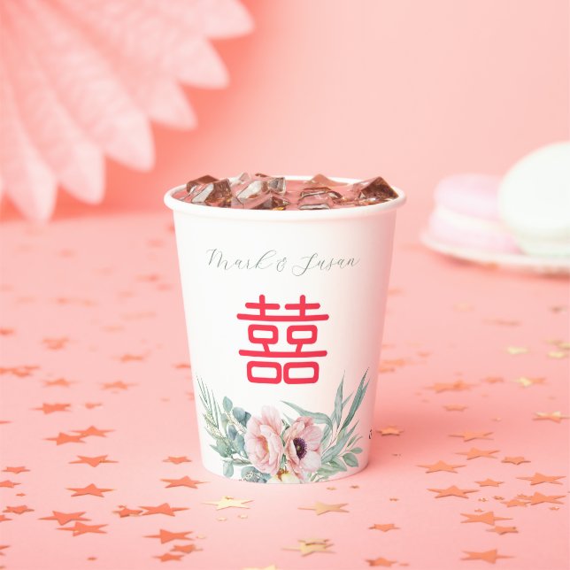 Eucalyptus Peonies Double Happiness Wedding  Paper Cups (Insitu)