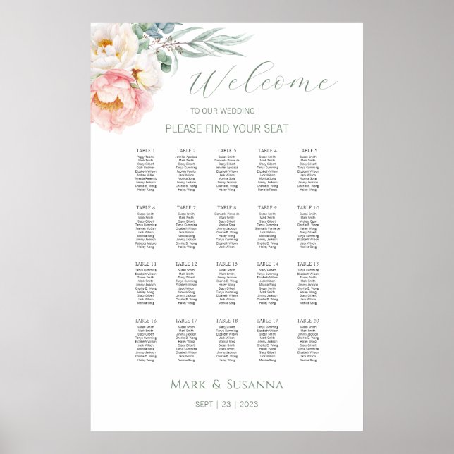Eucalyptus Peonies Wedding Welcome Seating Chart (Front)