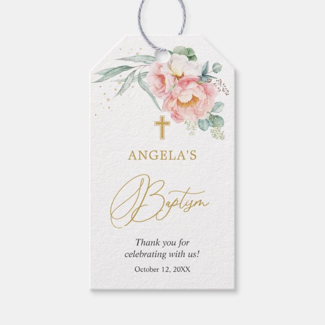 Eucalyptus Peony Baptism & Christening Gift Tag (Front)
