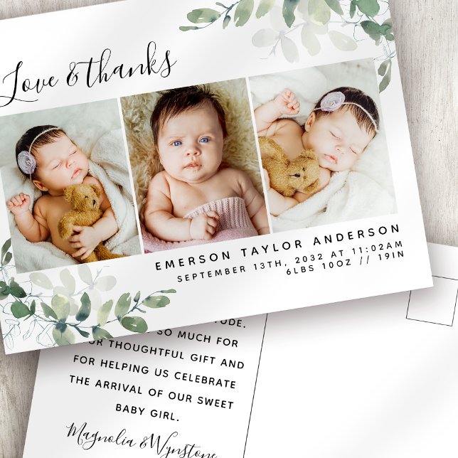 Eucalyptus Photo Baby Thank You Announcement Postcard (Creator Uploaded)