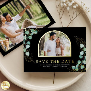 Eucalyptus Photo Black Wedding Save the Date Gold