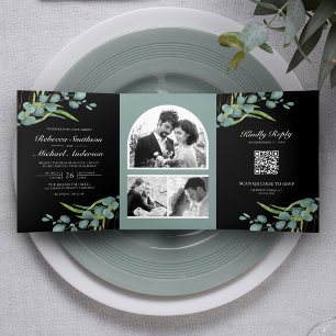 Eucalyptus Photo Collage QR Code Black Wedding Tri-Fold Invitation