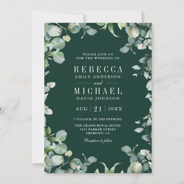 Eucalyptus Photo Collage QR Code Emerald Wedding Invitation (Front)