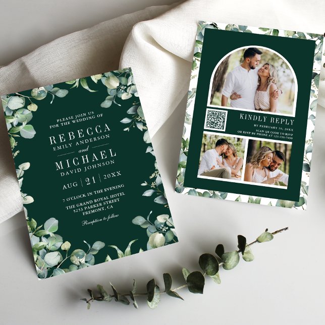 Eucalyptus Photo Collage QR Code Emerald Wedding Invitation (Creator Uploaded)