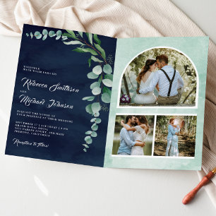 Eucalyptus Photo Collage QR Code Navy Blue Wedding Invitation