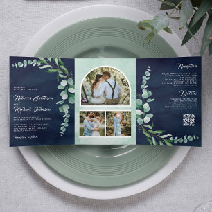 Eucalyptus Photo Collage QR Code Navy Blue Wedding Tri-Fold Invitation