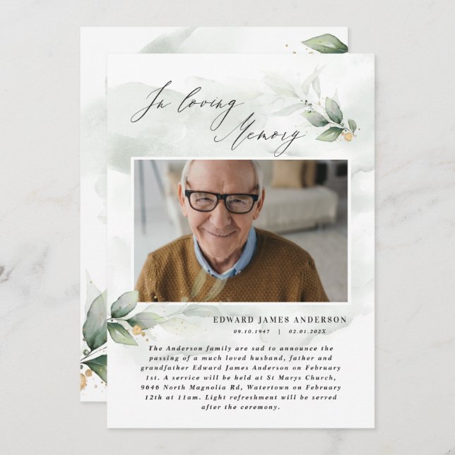 Eucalyptus photo elegant in loving memory funeral invitation (Front/Back)