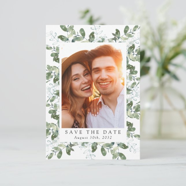 Eucalyptus Photo Frame Wedding Save The Date (Standing Front)