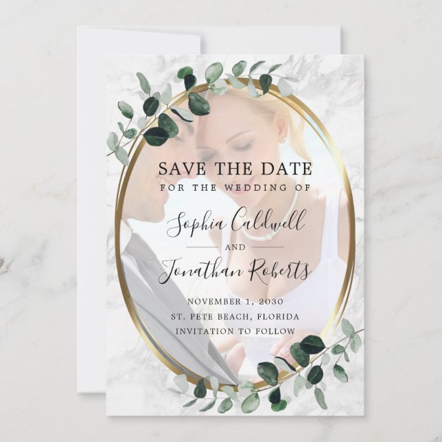 Eucalyptus Photo Gold Frame Marble Wedding Save The Date (Front)