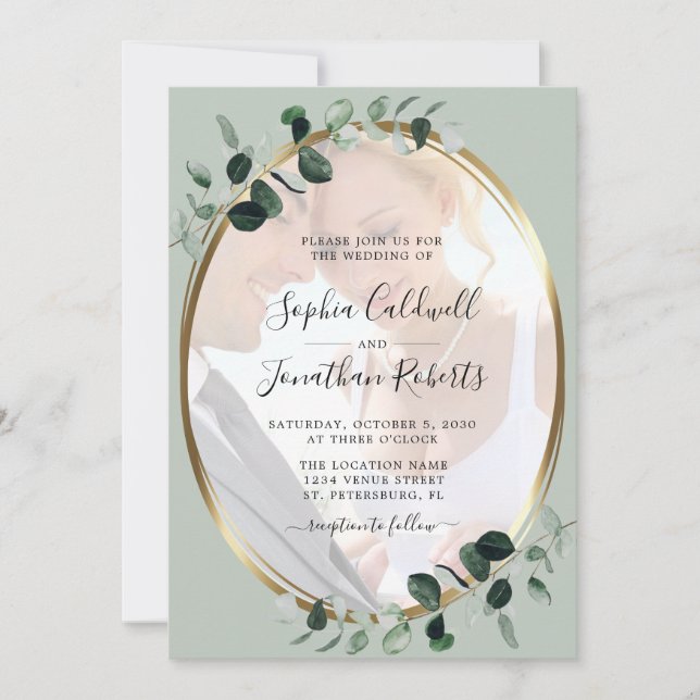 Eucalyptus Photo Gold Metallic Sage Wedding Invitation (Front)