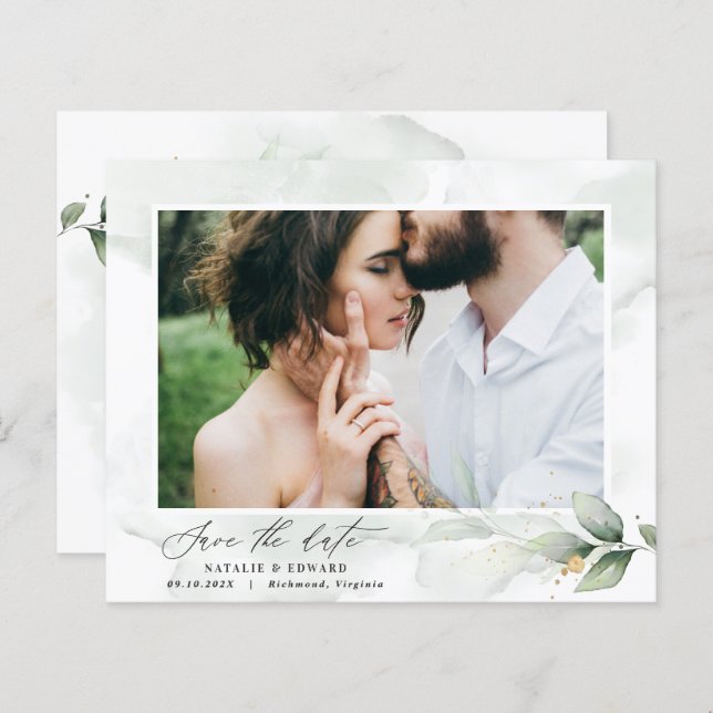 Eucalyptus photo green modern elegant wedding save (Front/Back)
