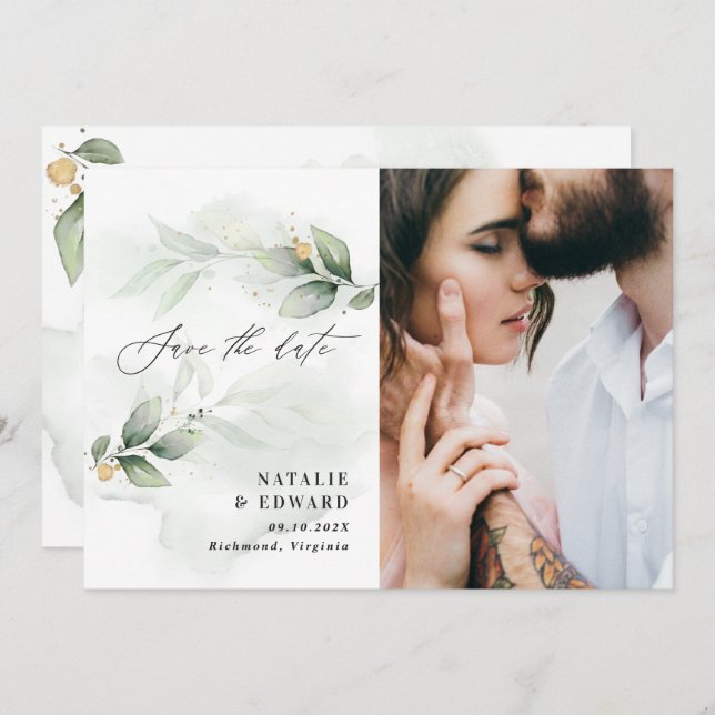 Eucalyptus photo green modern elegant wedding save save the date (Front/Back)
