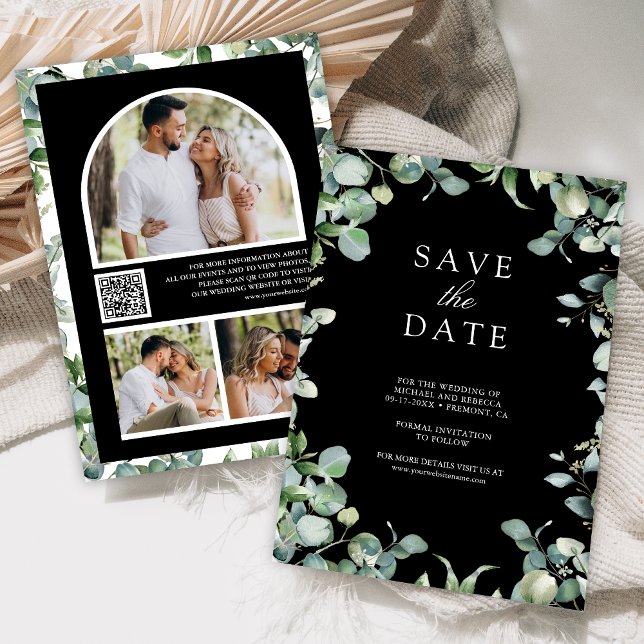 Eucalyptus Photo QR Code Black Wedding Save The Date (Creator Uploaded)