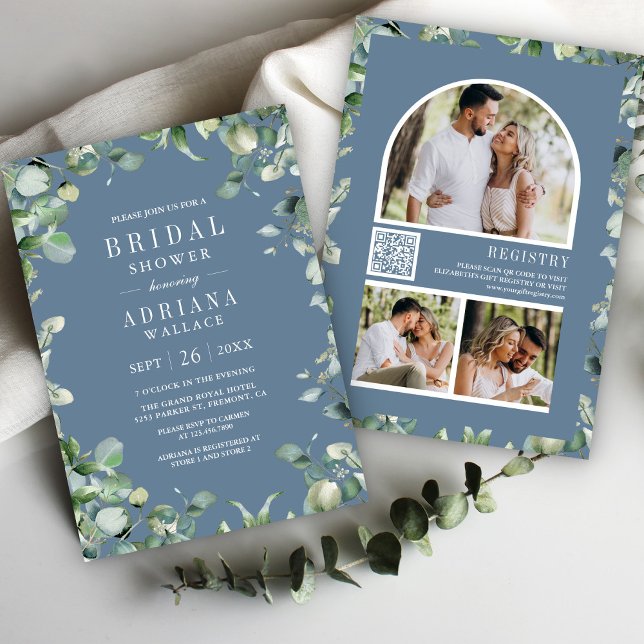 Eucalyptus Photo QR Code Dusty Blue Bridal Shower Invitation (Creator Uploaded)