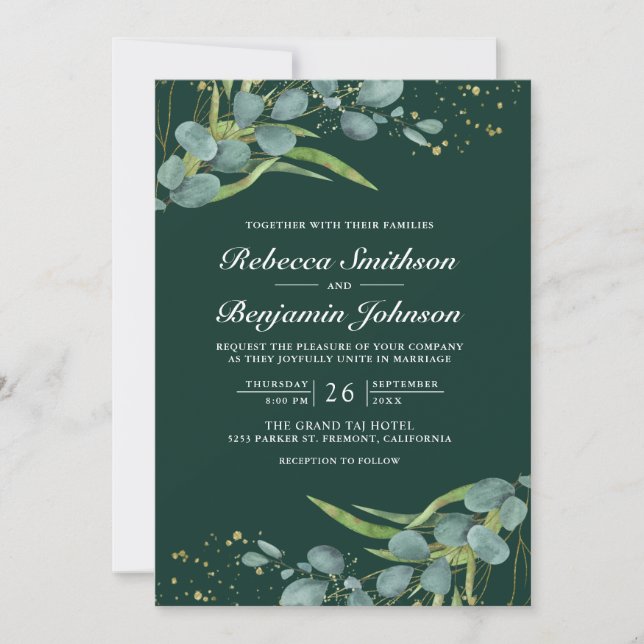 Eucalyptus Photo QR Code Emerald Green Wedding Invitation (Front)