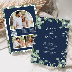 Eucalyptus Photo QR Code Navy Blue Wedding Save The Date