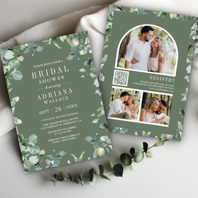 Eucalyptus Photo QR Code Sage Green Bridal Shower Invitation (Creator Uploaded)