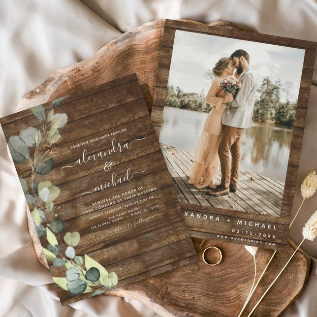 Eucalyptus Photo Rustic Wood Wedding Invitation (Creator Uploaded)