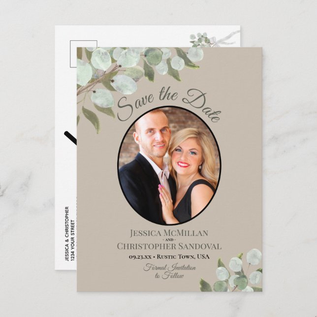 Eucalyptus & Photo Tan Wedding Save the Date Announcement Postcard (Front/Back)