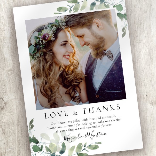 Eucalyptus Photo Wedding Thank You Card (Thank friends and family for celebrating your wedding with this eucalyptus photo thank you card. )